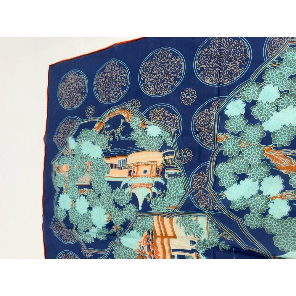 Vintage Silk Scarf Women OS Blue Chinese Garden Pagoda Hand Rolled Chinoiserie